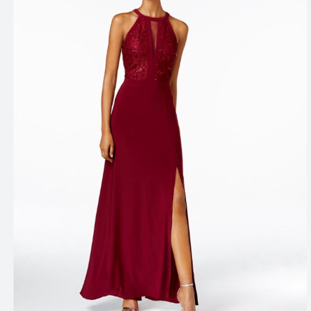 Nightway Sleeveless Halter Neck Sequin Lace Maxi Dress - Merlot Red - size 4P - Picture 12 of 12